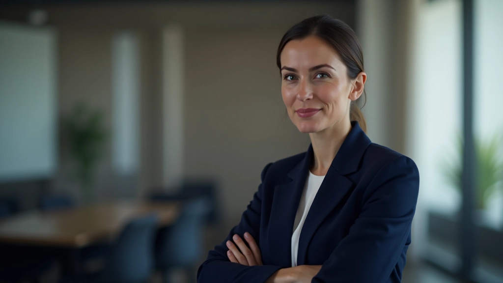 Žena s sebevědomým výrazem sedí v zasedací místnosti a mluví, zatímco ostatní ji poslouchají s pozorností